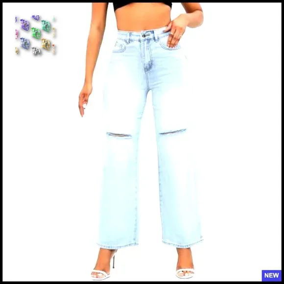 High Waisted Wide Leg Jeans Stretchy Distressed Denim Pants Y2K Retro